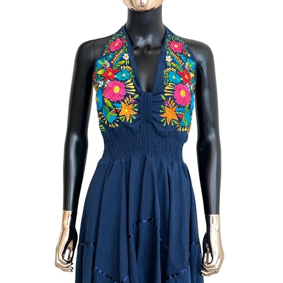 Handmade Floral Embroidered Halter Dress Navy Blue Sharkbite Hem Size Small - Picture 4 of 9